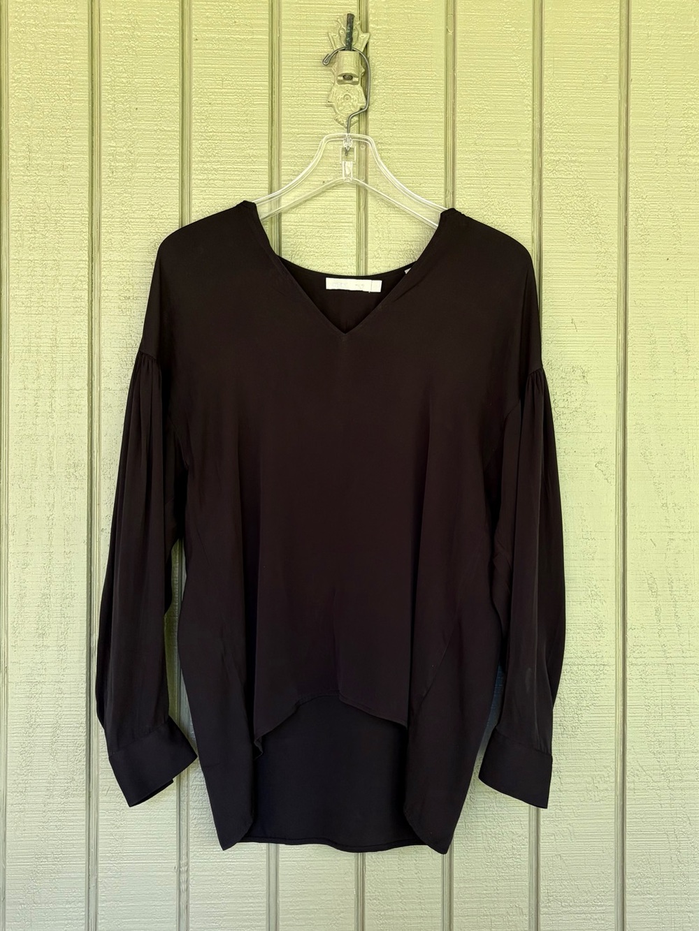 Vince Black Stretch Silk V-Neck Tunic Blouse High-Low Balloon Sleeve XS